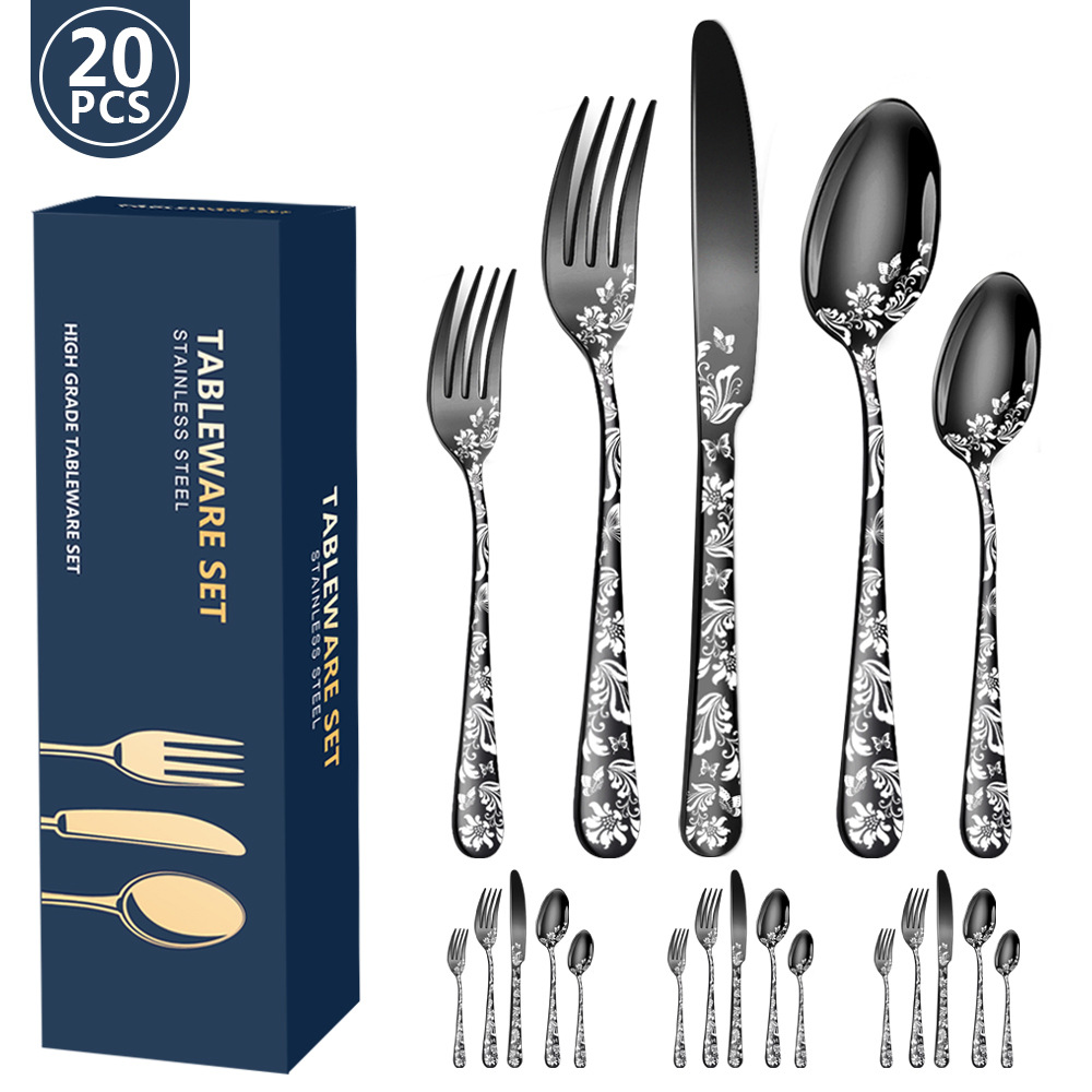 Commercial Kitchen Knives - 20Pcs Pattern Stainless Steel Cutlery Set